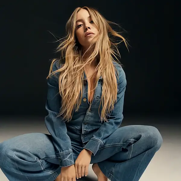Example: a woman in denim sitting on a studio floor